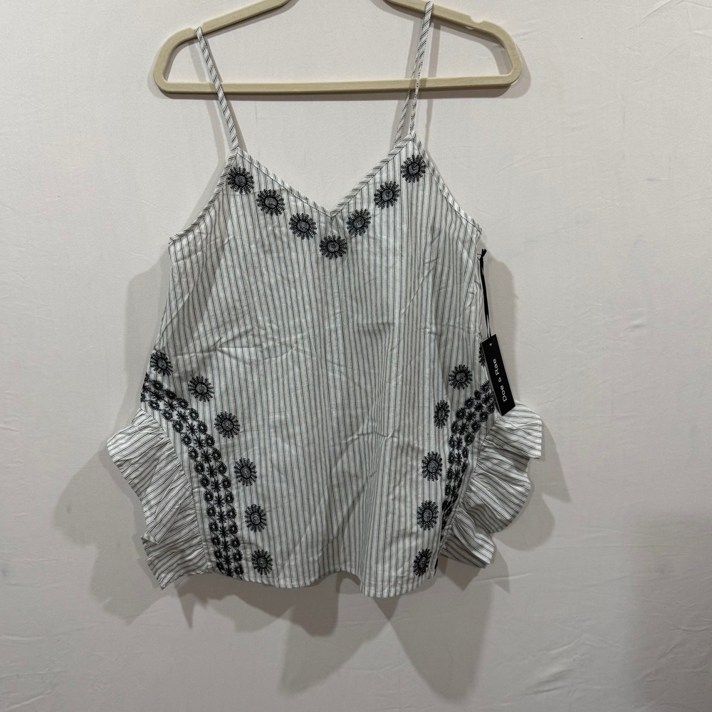 Doe & Rae White Striped Embroidered Ruffle Cami Top Small NWT 9057T